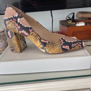 Snake print block heel pump